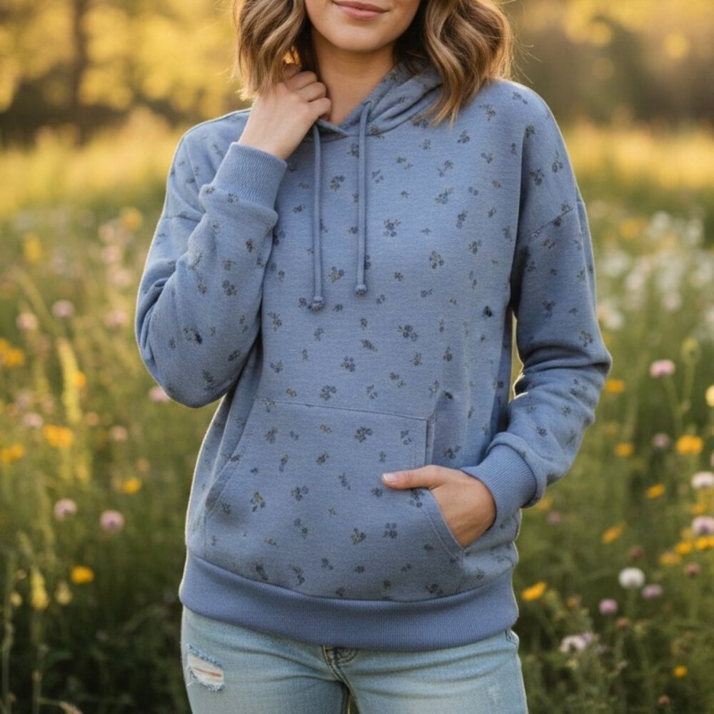 Hippie Rose Blue Floral Pullover Hoodie Boho Ditsy Flower Sweatshirt Large